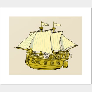 old golden sailing ship with a mermaid at the stern of the ship Posters and Art